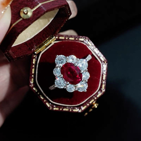 Super flash white circumference diamond 2 carat simulation ruby ring women's light luxury high-end pigeon blood ruby ring