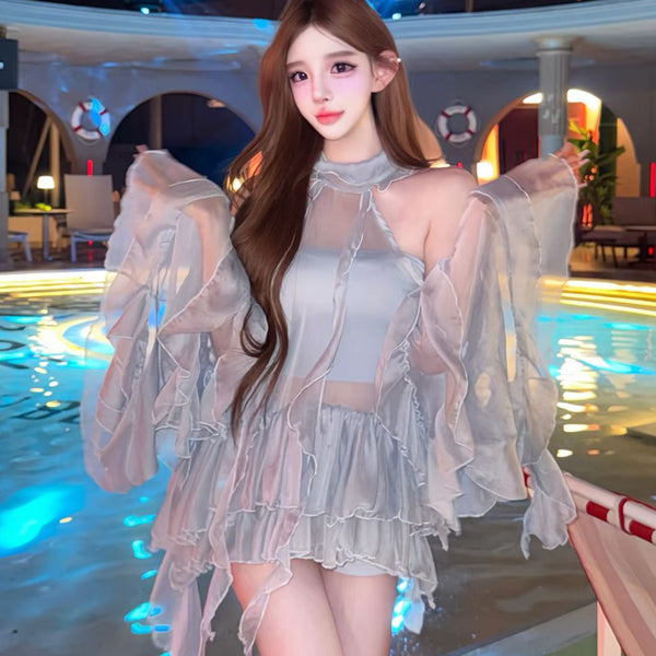 Pure Desire Style Sexy Hot Girl Halter Neck Off-Shoulder Dress for Women Summer Beach Vacation Blue Hollow Out Backless Dress