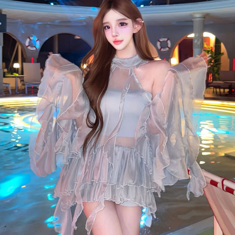 Pure Desire Style Sexy Hot Girl Halter Neck Off-Shoulder Dress for Women Summer Beach Vacation Blue Hollow Out Backless Dress