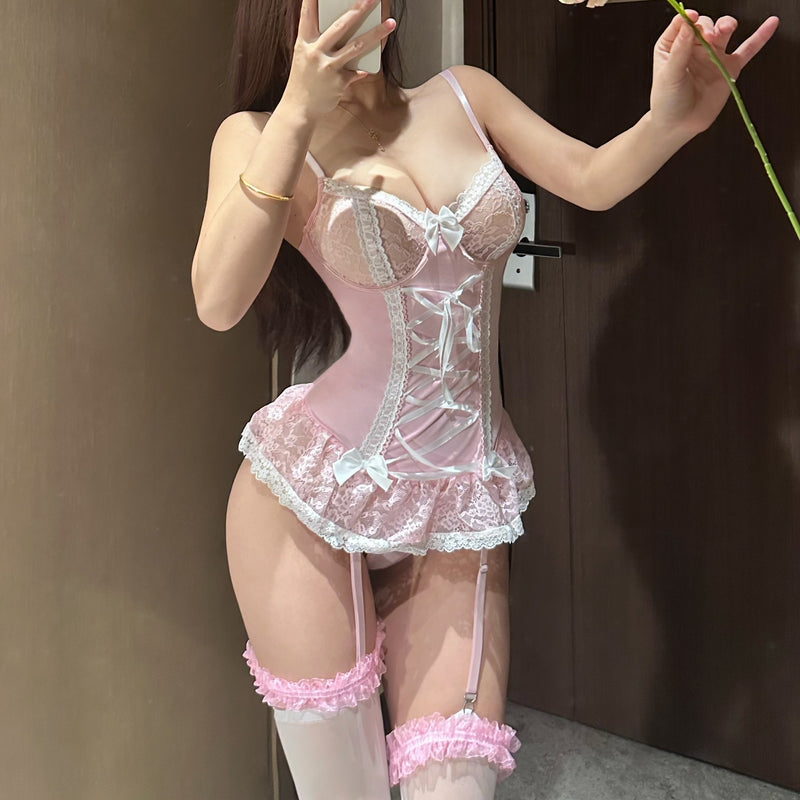Sexy Lingerie Pure Desire Sweet Sexy Sheer Lace Bowknot with Leg Rings One-piece Bodycon Dress Uniform Set