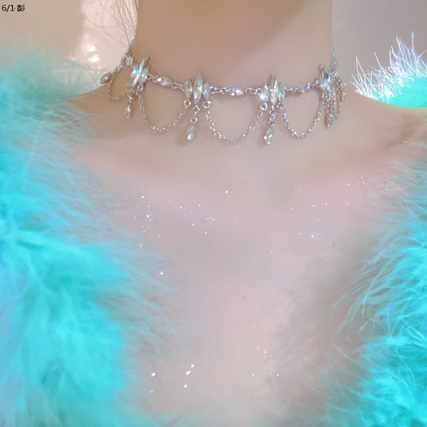 Qingshui Lingzi - Super Fairy Temperament Niche Full Diamond Tassel Design Sense Choker Necklace Party Dress Accessories for Women