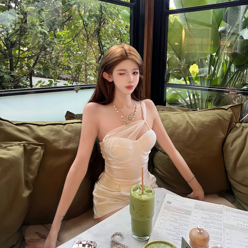 Pure Desire Style Sexy Hot Girl White Mesh Patchwork Sexy Strapless Off-Shoulder Vest with Chest Pad Short Top for Summer