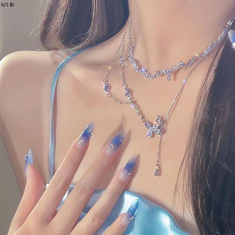 Qingshui Lingzi - Super Fairy Temperament Niche Full Diamond Tassel Design Sense Choker Necklace Party Dress Accessories for Women