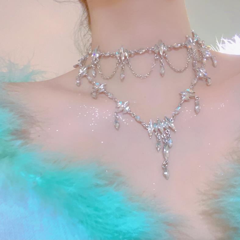 Qingshui Lingzi - Super Fairy Temperament Niche Full Diamond Tassel Design Sense Choker Necklace Party Dress Accessories for Women