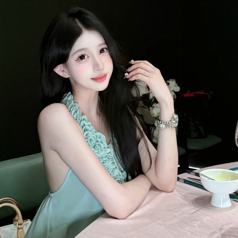 Pure Desire Sexy Hot Girl Hollow Out Tie Strap 3D Flower Washed Tube Top Vest for Women Summer Beach Vacation Halter Backless Vest