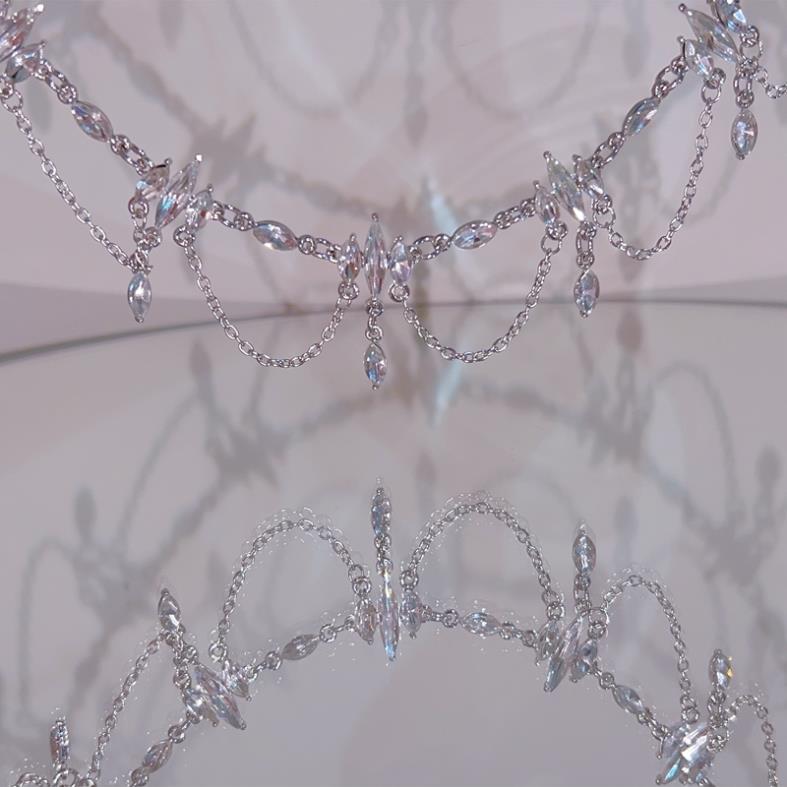 Qingshui Lingzi - Super Fairy Temperament Niche Full Diamond Tassel Design Sense Choker Necklace Party Dress Accessories for Women
