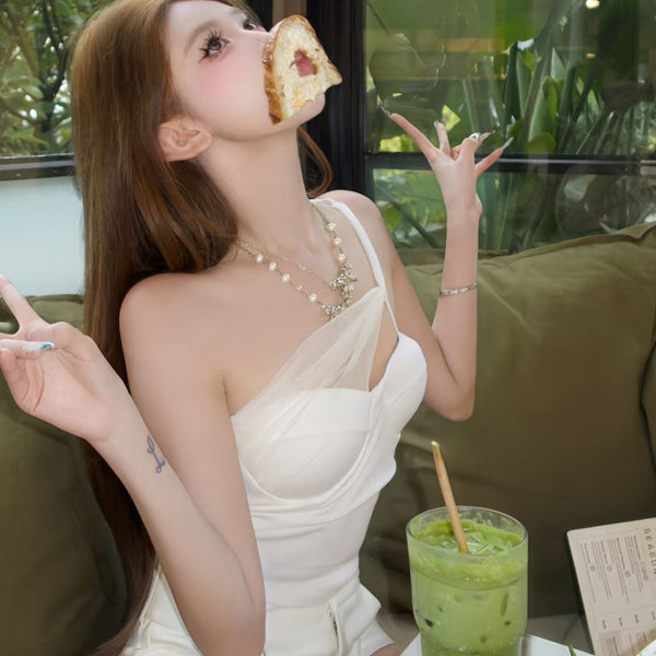 Pure Desire Style Sexy Hot Girl White Mesh Patchwork Sexy Strapless Off-Shoulder Vest with Chest Pad Short Top for Summer