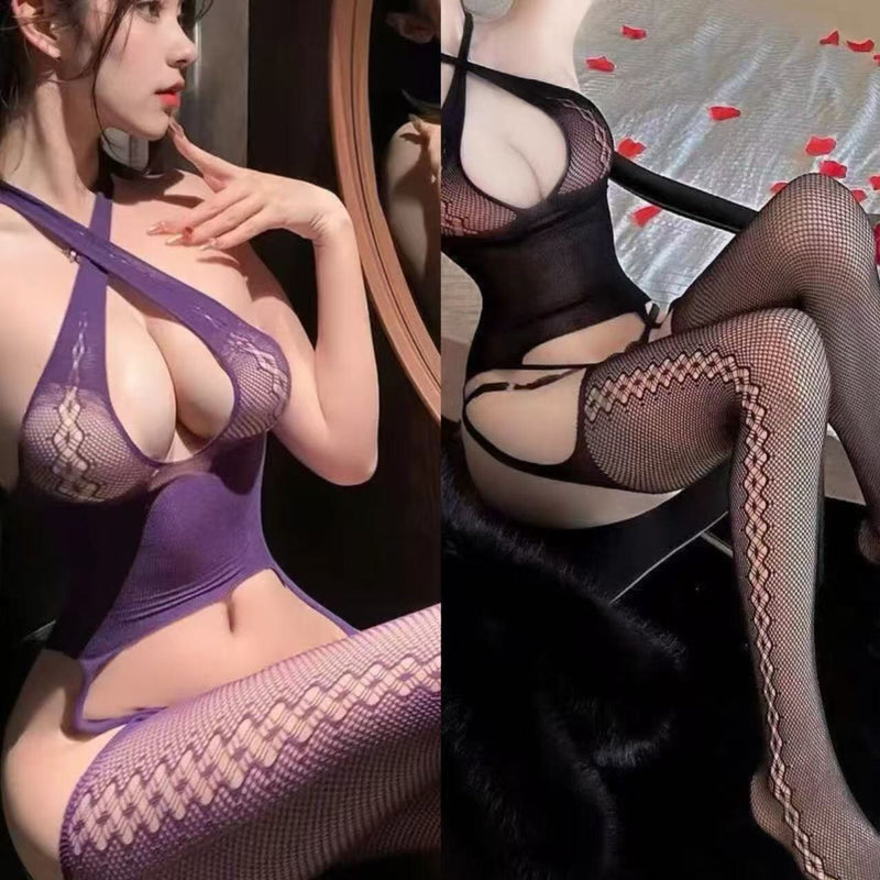 Plus Size Sexy Black Stockings Open Crotch No Need to Remove Uniform Pantyhose Fishnet Garter Open Crotch Thin Mesh Passionate Tear
