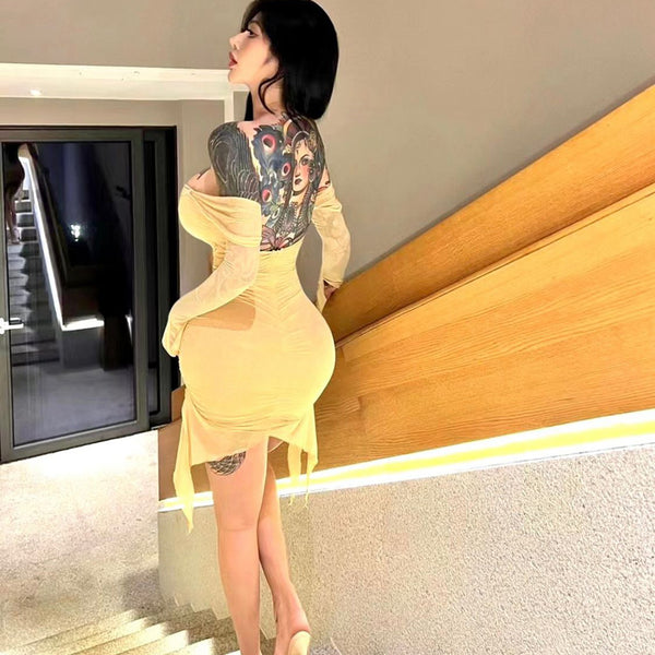 Pure Desire Style Sexy Hot Girl Mesh See-through Long Sleeve Dress Irregular Hollow Out Slimming Off-shoulder Bodycon Short Dress