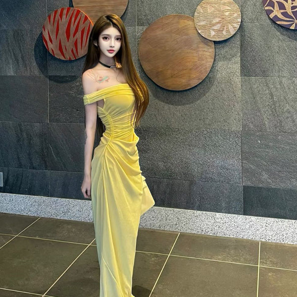 Pure Desire Sexy Hot Girl Off-Shoulder Yellow Mesh Dress Beach Vacation Slim Fit Ruched Slimming Bodycon Long Dress