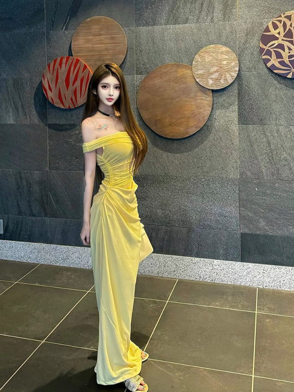 Pure Desire Sexy Hot Girl Off-Shoulder Yellow Mesh Dress Beach Vacation Slim Fit Ruched Slimming Bodycon Long Dress