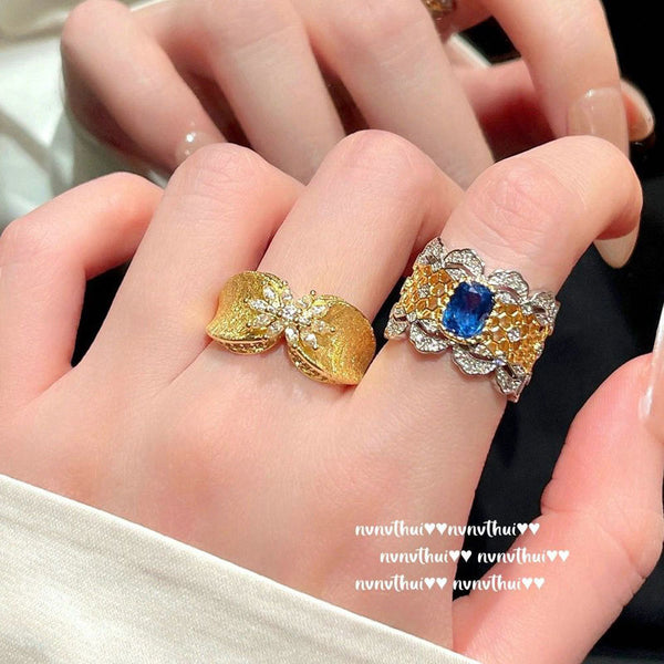 New stall, national style, wealth, domineering rhinestone ring, index finger ring, noble celebrity daughter, flower, Haoshi ring