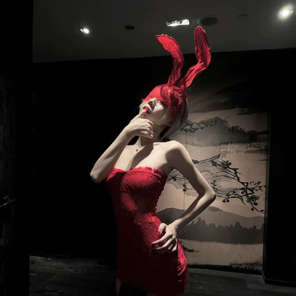 Pure Desire Style Sexy Hot Girl Off-Shoulder Red Lace Tube Dress Hot Girl Waist-Cinching Bodycon Dress