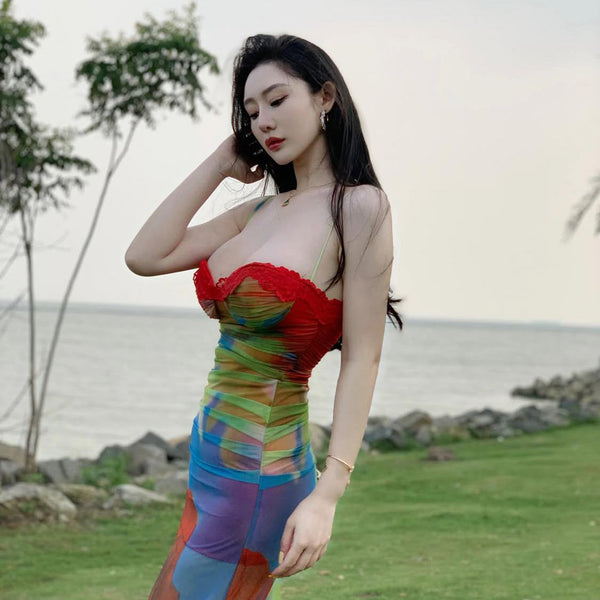 Pure Desire Style Sexy Hot Girl Ink Smudge Mesh Dress Feminine Vacation Spaghetti Strap Long Dress
