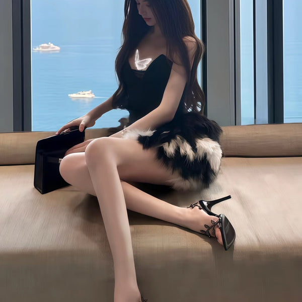 Pure Desire Style Sexy Hot Girl Black Low-Cut Tube Top Dress Summer Slimming Bodycon Furry Color Block Fashion Short Dress