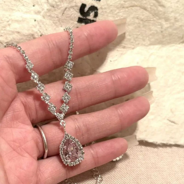 [Pearl Material] Celebrity Light Luxury Rhinestone Opal Luxury Sexy Necklace Pink Diamond French Clavicle Chain