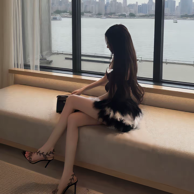 Pure Desire Style Sexy Hot Girl Black Low-Cut Tube Top Dress Summer Slimming Bodycon Furry Color Block Fashion Short Dress