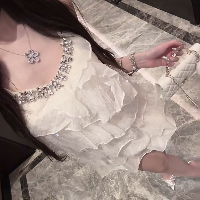 Pure Desire Style Sexy Hot Girl Lace Patchwork Spaghetti Strap Dress Summer Beach Vacation Slimming Rhinestone High-end Feel