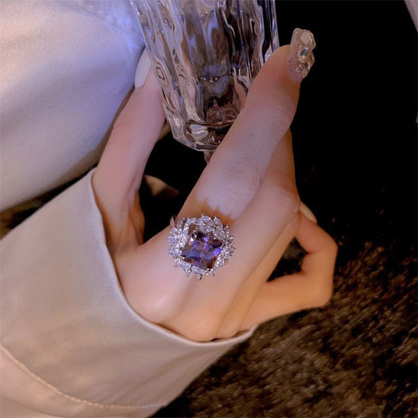 Color Treasure Celebrity ins Light Luxury Ring Bright Full of Diamonds High Sense Noble Purple Rhinestone Ring Full of Diamond Rings Female