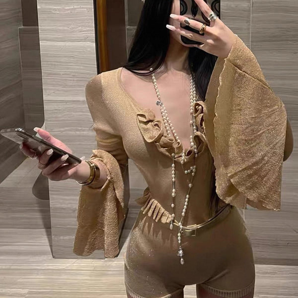Pure Desire Style Sexy Hot Girl Bodysuit Women New Slim Fit Long Sleeve 3D Flower Base Shirt Bodysuit Shorts Fashion Autumn