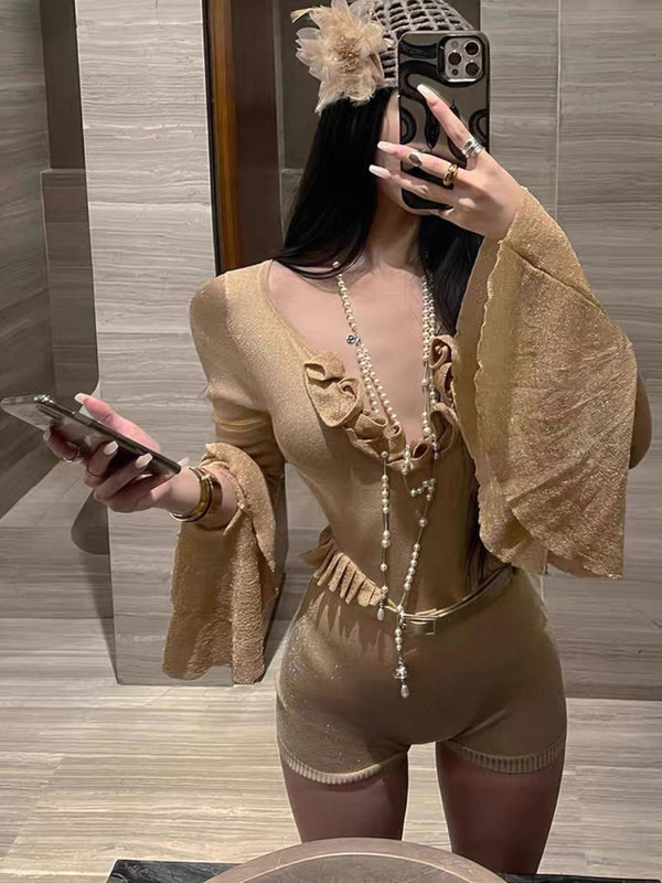 Pure Desire Style Sexy Hot Girl Bodysuit Women New Slim Fit Long Sleeve 3D Flower Base Shirt Bodysuit Shorts Fashion Autumn