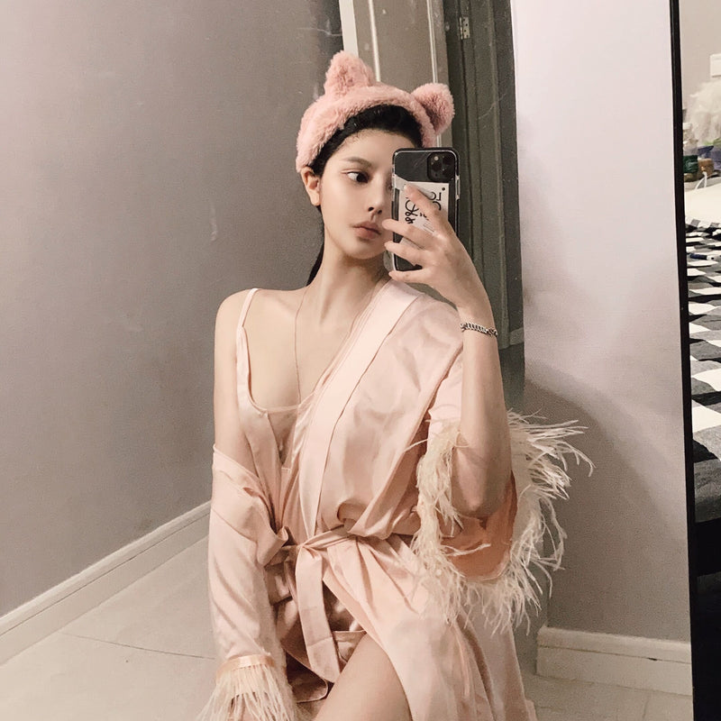 French niche design lady gentle and sexy suspender nightdress set satin temperament feather nightgown loungewear women