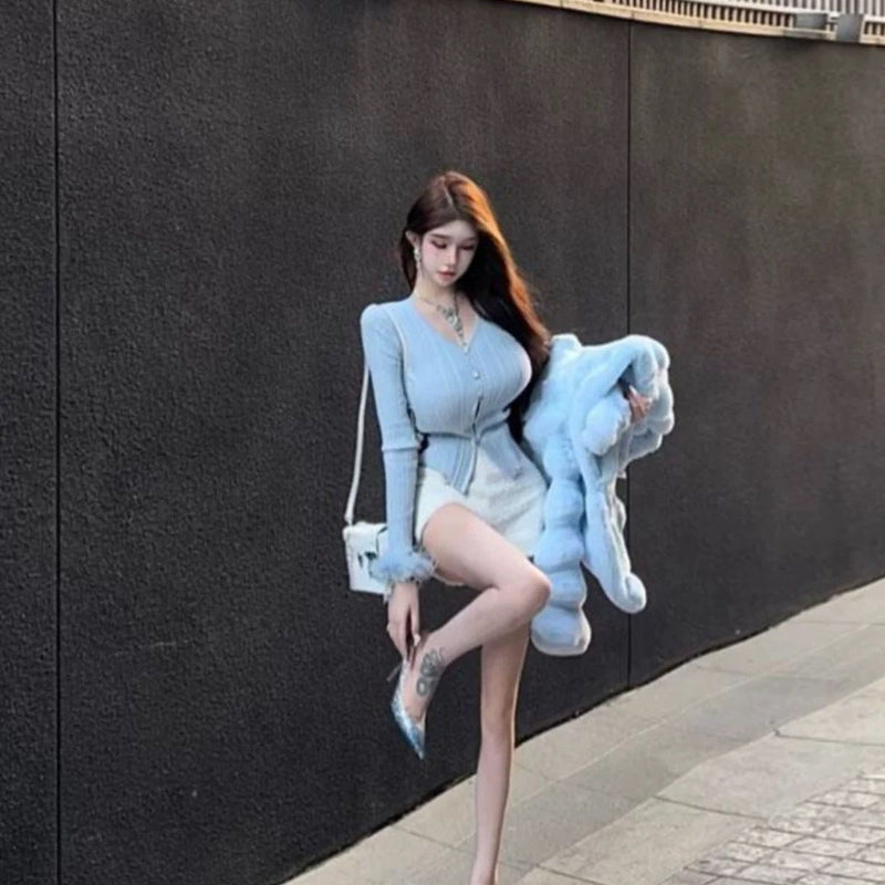 Sky blue fur coat