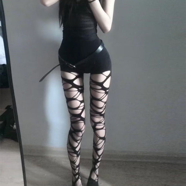 [BY] Self-Made Gothic Punk Flesh-Clamping Stockings Hot Girl Subculture Black Ripped Stockings Base Pantyhose Fishnet Stockings