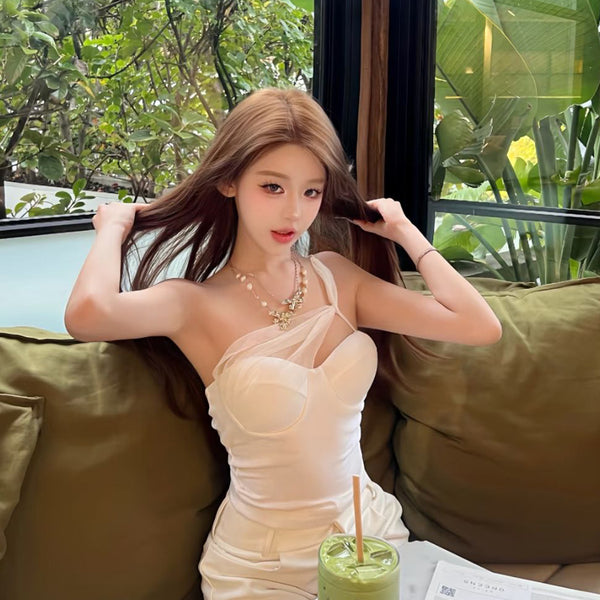 Pure Desire Style Sexy Hot Girl White Mesh Patchwork Sexy Strapless Off-Shoulder Vest with Chest Pad Short Top for Summer