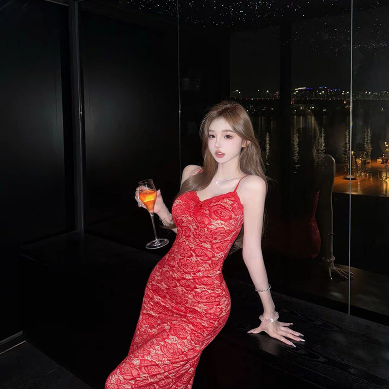 Pure Desire Style Sexy Hot Girl Lace Patchwork Spaghetti Strap Dress Red Retro Slim Fit Bodycon Vacation Birthday Long Dress