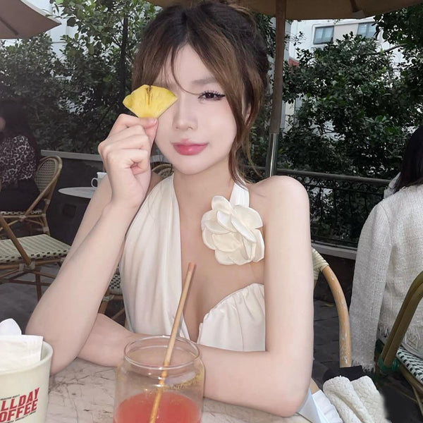Pure Desire Style Sexy Hot Girl Halter Neck Strap Vest Slim Fit Slimming Inner Wear Outer Wear Short White Sleeveless Top