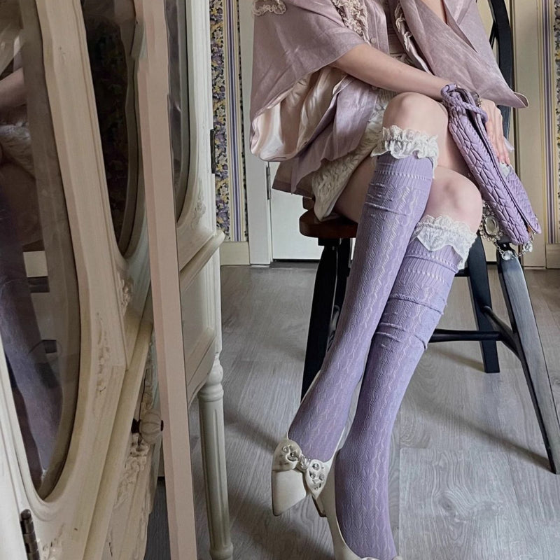 Summer Thin Lace Trim Sexy Long Tube Socks Floral Hollow Breathable Hot Girl Thigh High Versatile Over-the-Knee Slouch Socks