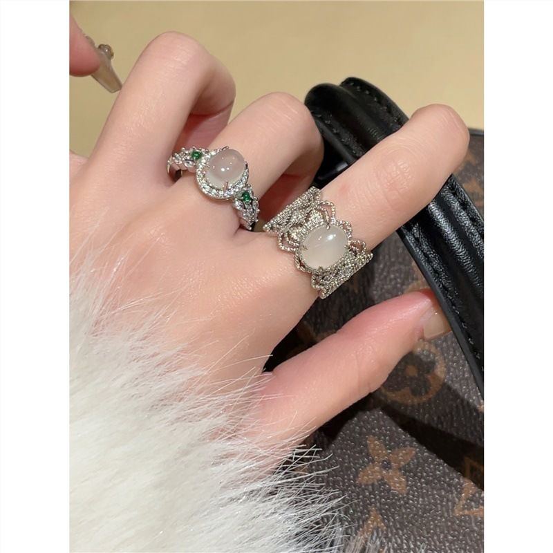 French f simulation white chalcedony jade ring femininity luxury exquisite high sense light luxury index finger ring