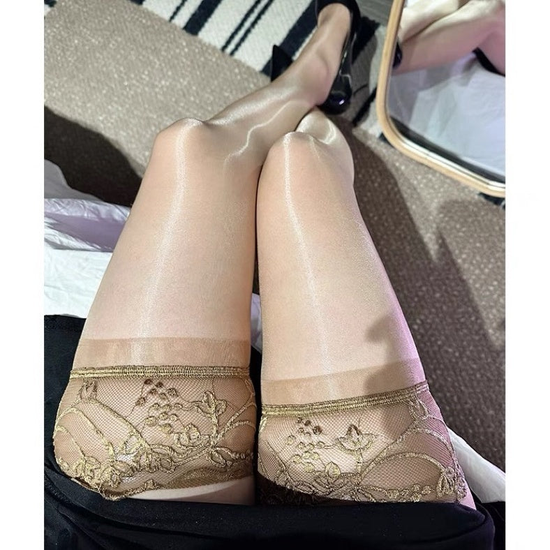 [2377 People Collected] Aurora Lace Trim Long Tube Socks Black Silk Silicone Non-Slip Toe Transparent Sexy Glossy Stockings Over-the-Knee Socks Pure Desire
