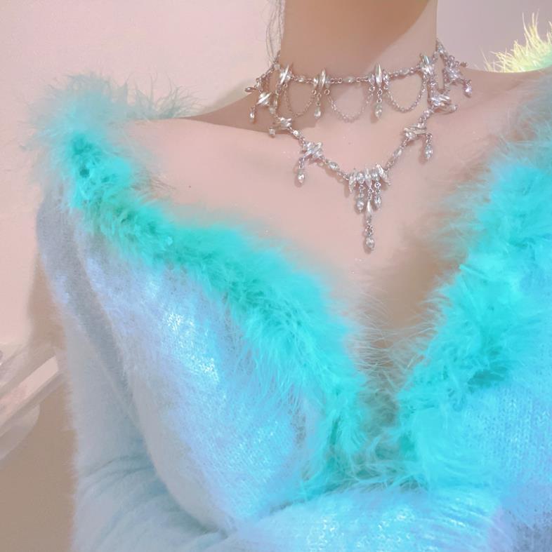 Qingshui Lingzi - Super Fairy Temperament Niche Full Diamond Tassel Design Sense Choker Necklace Party Dress Accessories for Women