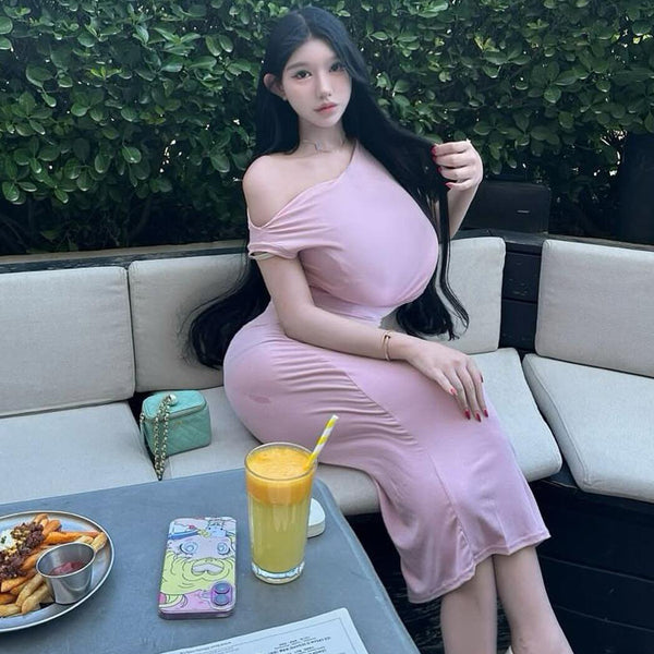 Pure Desire Style Sexy Hot Girl Pink Off-Shoulder Slim Backless Tie Dress Elegant Beach Vacation Mid-Length Dress
