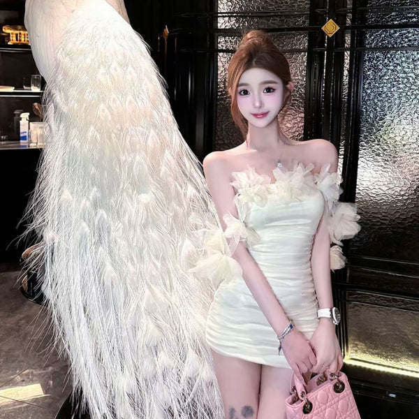 Pure Desire Style Sexy Hot Girl Three-Dimensional Flower Off-Shoulder Dress Women Summer Crop Top Slim Fit Bodycon Short Dress Summer