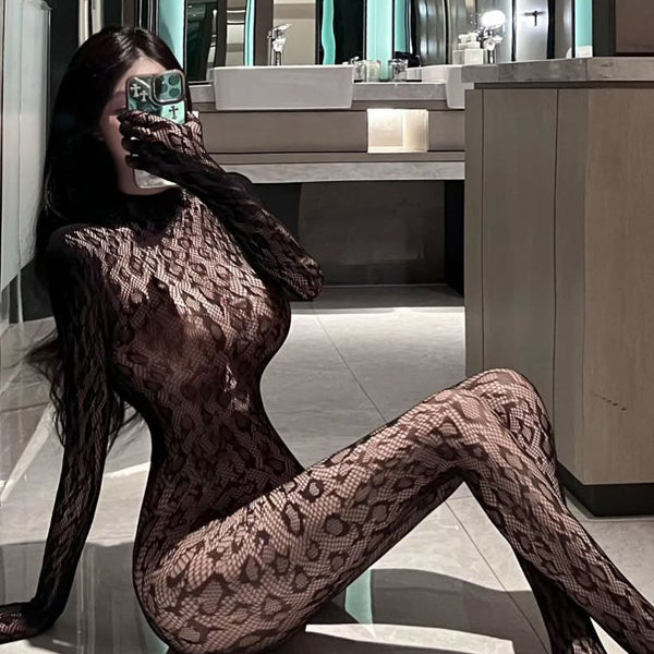 Pure Desire Style Temptation No-Take Off Backless Black Slimming Bodystocking Leopard Print Sexy Hot One-Piece Stockings Fishnet Bodystocking for Women