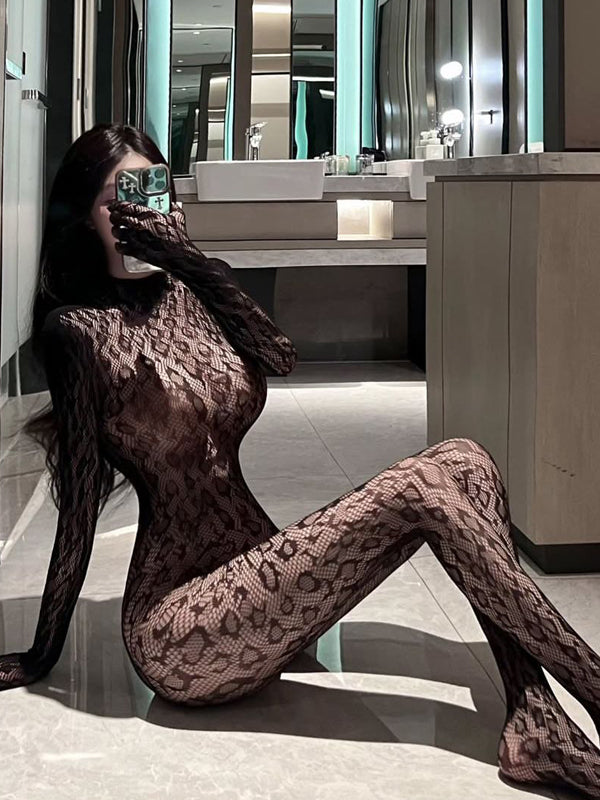 Pure Desire Style Temptation No-Take Off Backless Black Slimming Bodystocking Leopard Print Sexy Hot One-Piece Stockings Fishnet Bodystocking for Women
