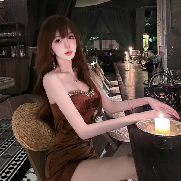 Pure Desire Style Sexy Hot Girl Heavy Pleated Strapless Dress Women French Light Luxury Socialite Waist-Cinching Party Gown Dress