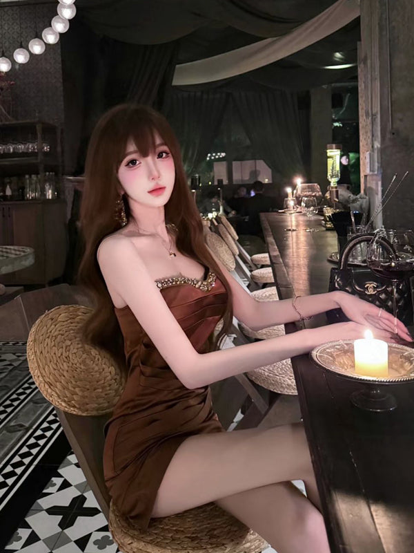 Pure Desire Style Sexy Hot Girl Heavy Pleated Strapless Dress Women French Light Luxury Socialite Waist-Cinching Party Gown Dress