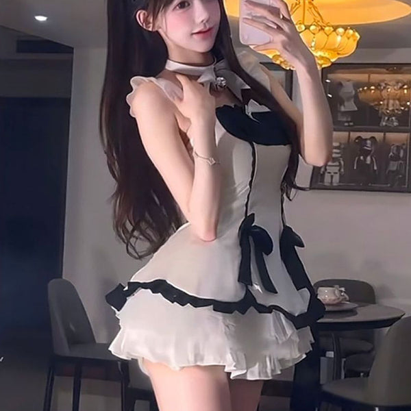 Pure Desire Style Sexy Hot Girl Patchwork Temptation Uniform Short Dress Halloween Bowknot Youthful Cute Set