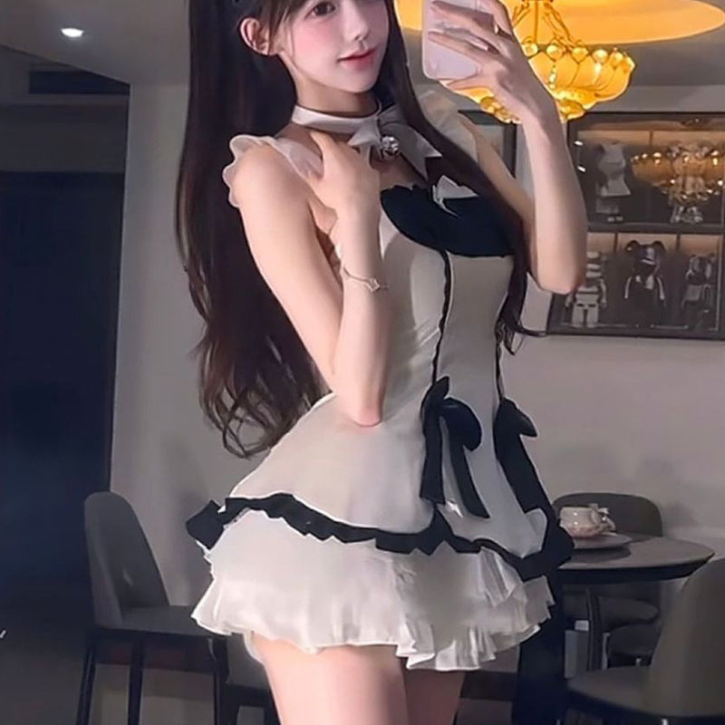 Pure Desire Style Sexy Hot Girl Patchwork Temptation Uniform Short Dress Halloween Bowknot Youthful Cute Set