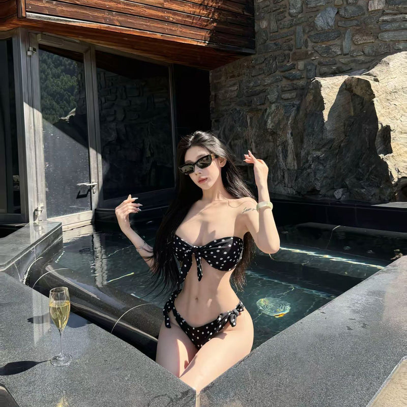 Pure Desire Style Sexy Hot Girl Bikini Swimsuit for Women with Small Bust, Push-Up, Slimming, Hot Spring Vacation, Beach Polka Dot Swimsuit for Women