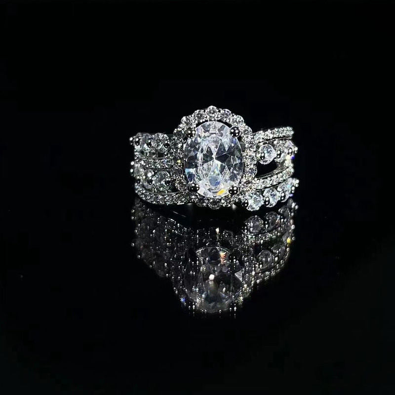 Luxury and high-end sense, thousand gold wind big rhinestone ring temperament personality, Japanese and Korean oval rhinestone full diamond multi-layer ring