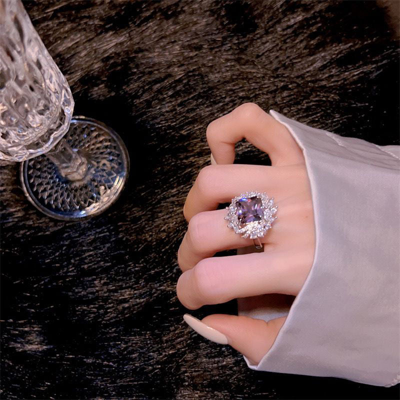 Color Treasure Celebrity ins Light Luxury Ring Bright Full of Diamonds High Sense Noble Purple Rhinestone Ring Full of Diamond Rings Female