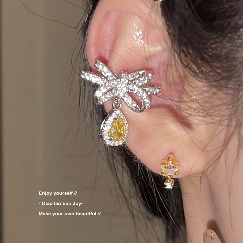 Bow Ear Bone Clip Earrings No Ear Piercing Earrings Yellow Diamond Artificial Color Treasure Flash Heavy Industry Tide