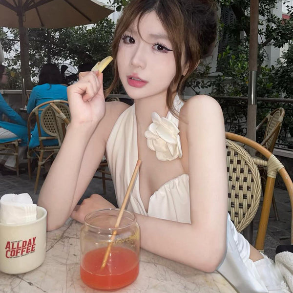 Pure Desire Style Sexy Hot Girl Halter Neck Strap Vest Slim Fit Slimming Inner Wear Outer Wear Short White Sleeveless Top