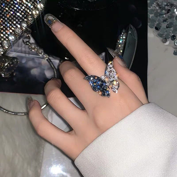 Blue butterfly ring exaggerated European and American INS full diamond luxury index finger ring light luxury Internet celebrity bow ring