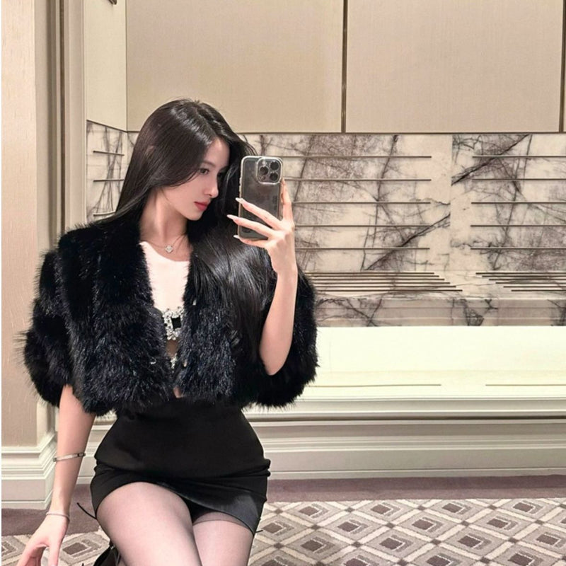 High end niche design black slimming fur shawl